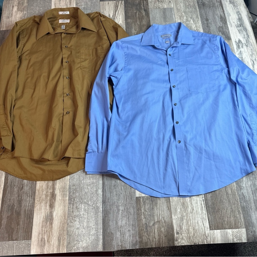 Van Heusen Button Down Dress Shirt, Light Blue And Brown, Fitted, 16, 34/35